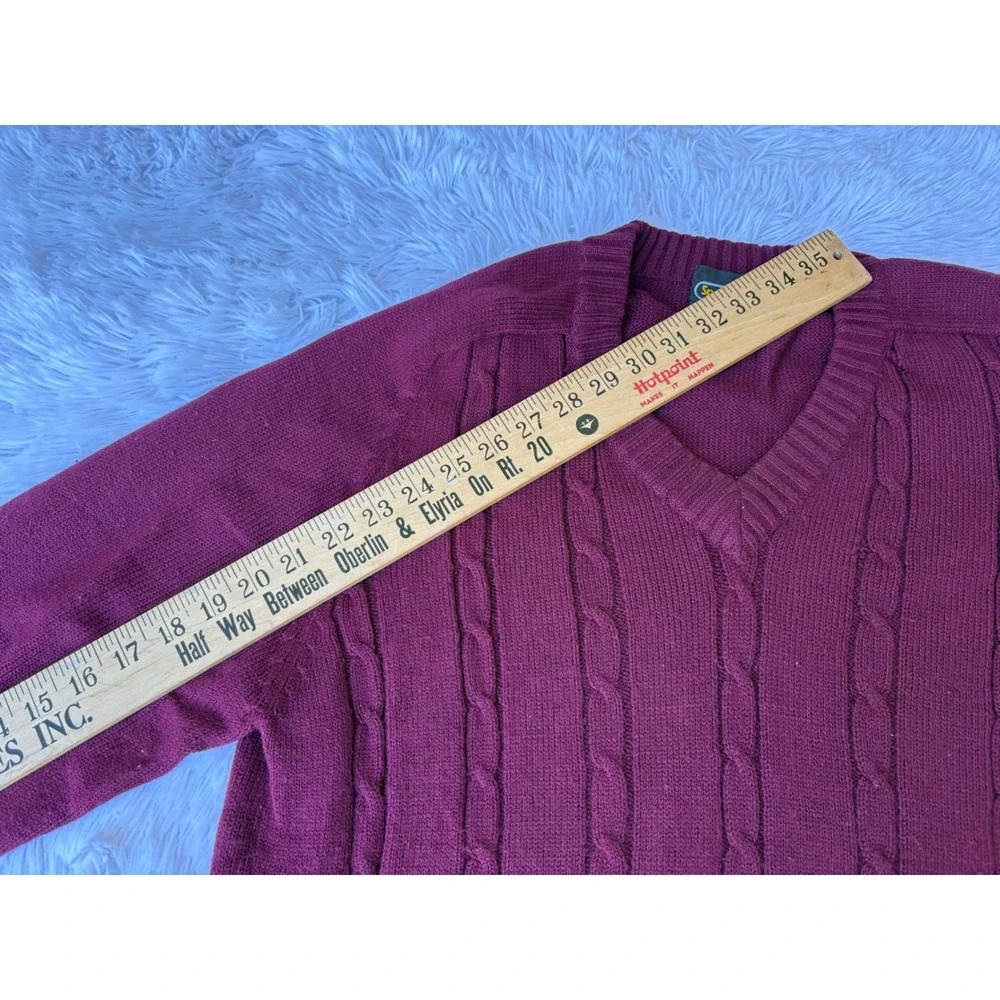 Vintage Mens Large Burgundy Cable Knit V-Neck Sweater Maroon Sears